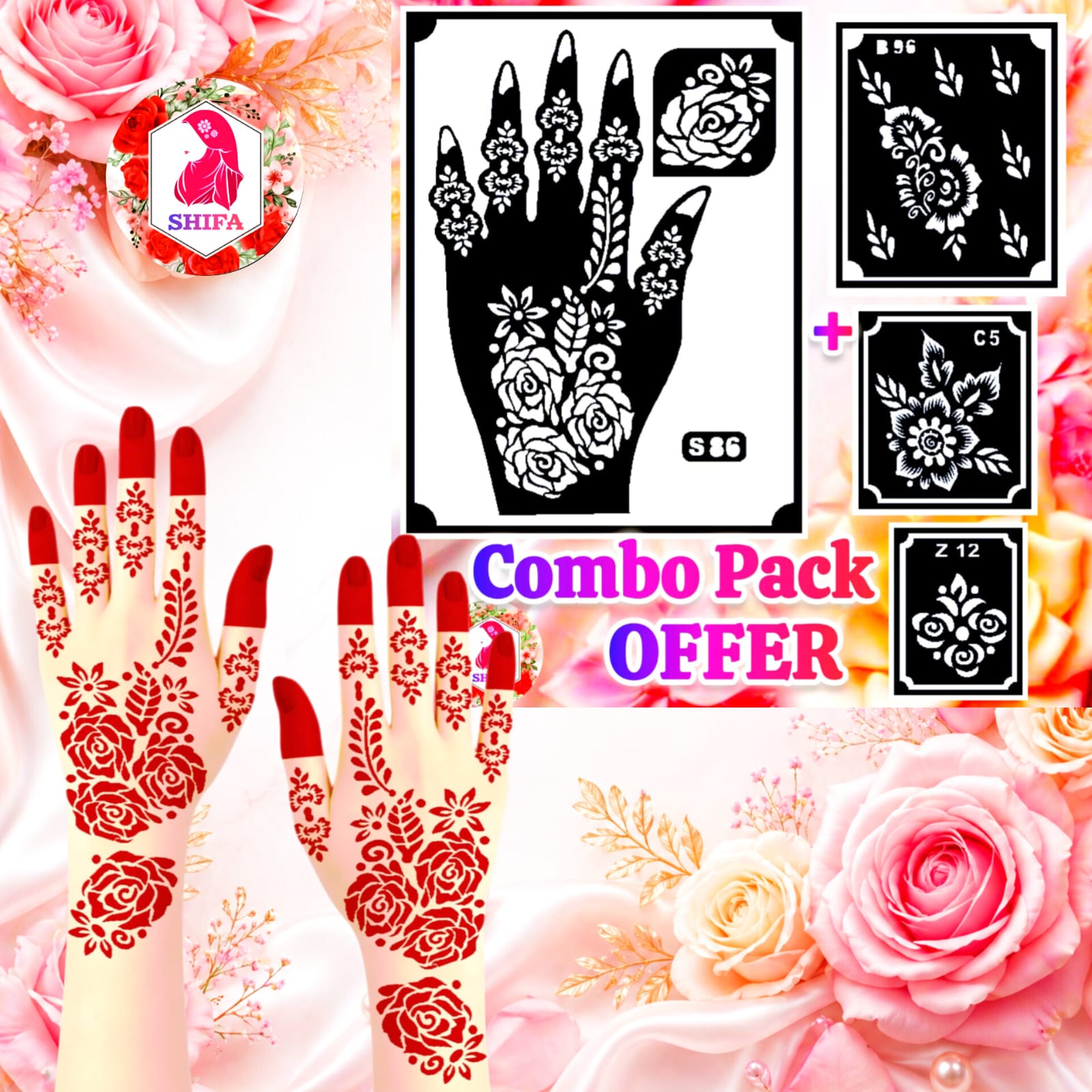 S 86 Royal Rose Cluster Design Sticker Overview Henna Stencil - Shifa Stencil